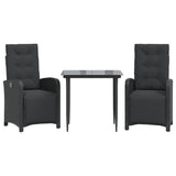 3 Piece Bistro Set with Cushions Black Poly Rattan - Front View
