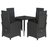 5 Piece Garden Dining Set with Cushions Black Poly Rattan - Front View