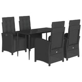 5 Piece Garden Dining Set with Cushions Black Poly Rattan - Front View