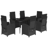 7 Piece Garden Dining Set with Cushions Black Poly Rattan - Front View
