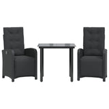 3 Piece Bistro Set with Cushions Black Poly Rattan - Front View