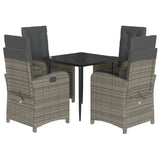 5 Piece Garden Dining Set with Cushions Grey Poly Rattan - Front View