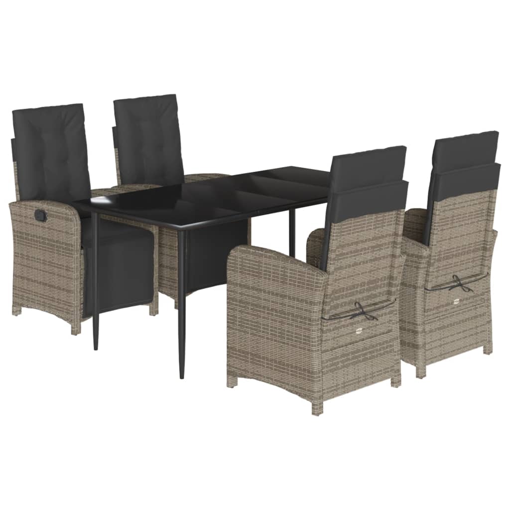 5 Piece Garden Dining Set with Cushions Grey Poly Rattan