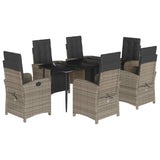 7 Piece Garden Dining Set with Cushions Grey Poly Rattan - Front View