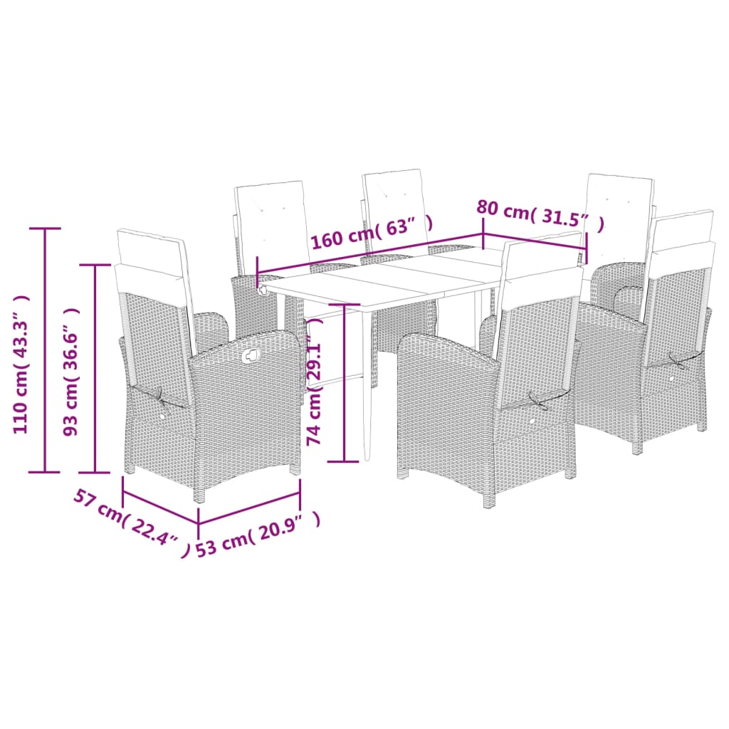 7 Piece Garden Dining Set with Cushions Grey Poly Rattan