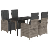 5 Piece Garden Dining Set with Cushions Grey Poly Rattan - Front View