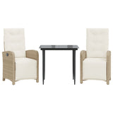 3 Piece Bistro Set with Cushions Beige Poly Rattan - Front View