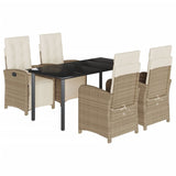 5 Piece Garden Dining Set with Cushions Beige Poly Rattan - Front View