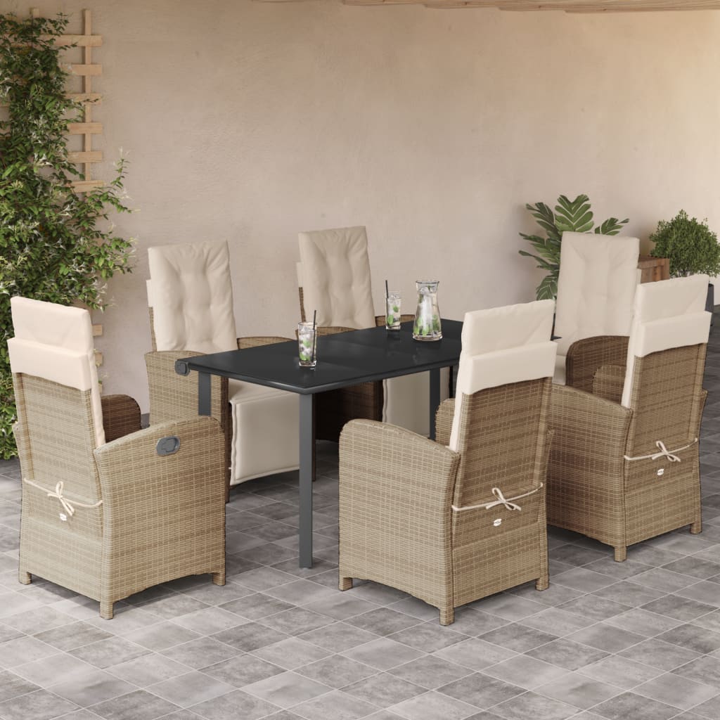 7 Piece Garden Dining Set with Cushions Beige Poly Rattan