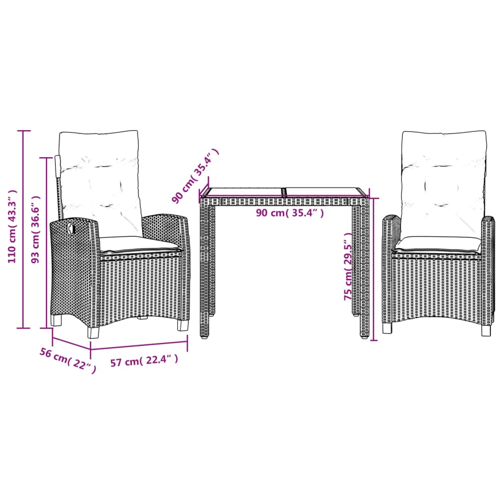 3 Piece Garden Dining Set with Cushions Black Poly Rattan