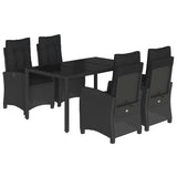 5 Piece Garden Dining Set with Cushions Black Poly Rattan - Front View