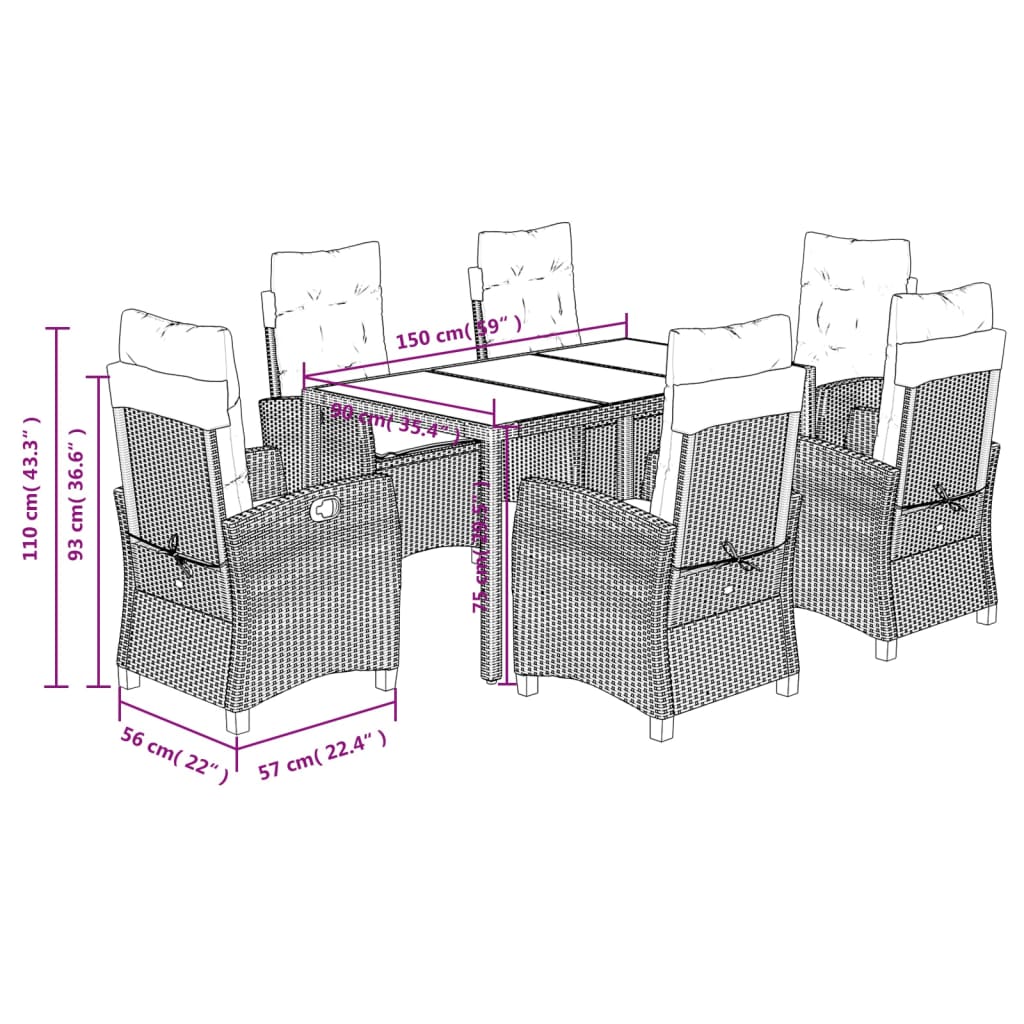 7 Piece Garden Dining Set with Cushions Black Poly Rattan