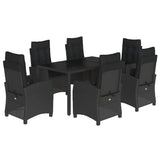 7 Piece Garden Dining Set with Cushions Black Poly Rattan - Front View