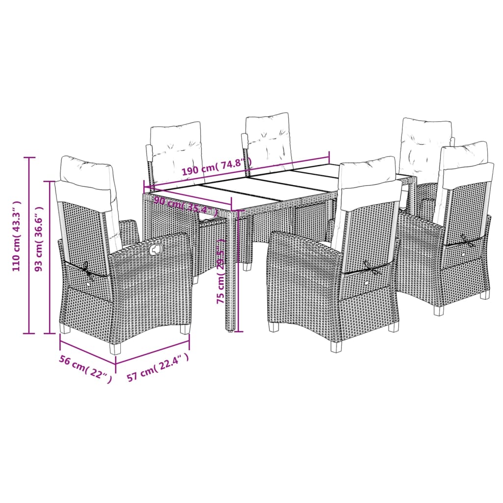 7 Piece Garden Dining Set with Cushions Black Poly Rattan