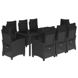 9 Piece Garden Dining Set with Cushions Black Poly Rattan - Front View