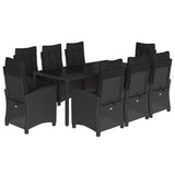 9 Piece Garden Dining Set with Cushions Black Poly Rattan - Front View