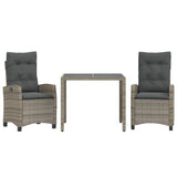 3 Piece Garden Dining Set with Cushions Grey Poly Rattan - Front View