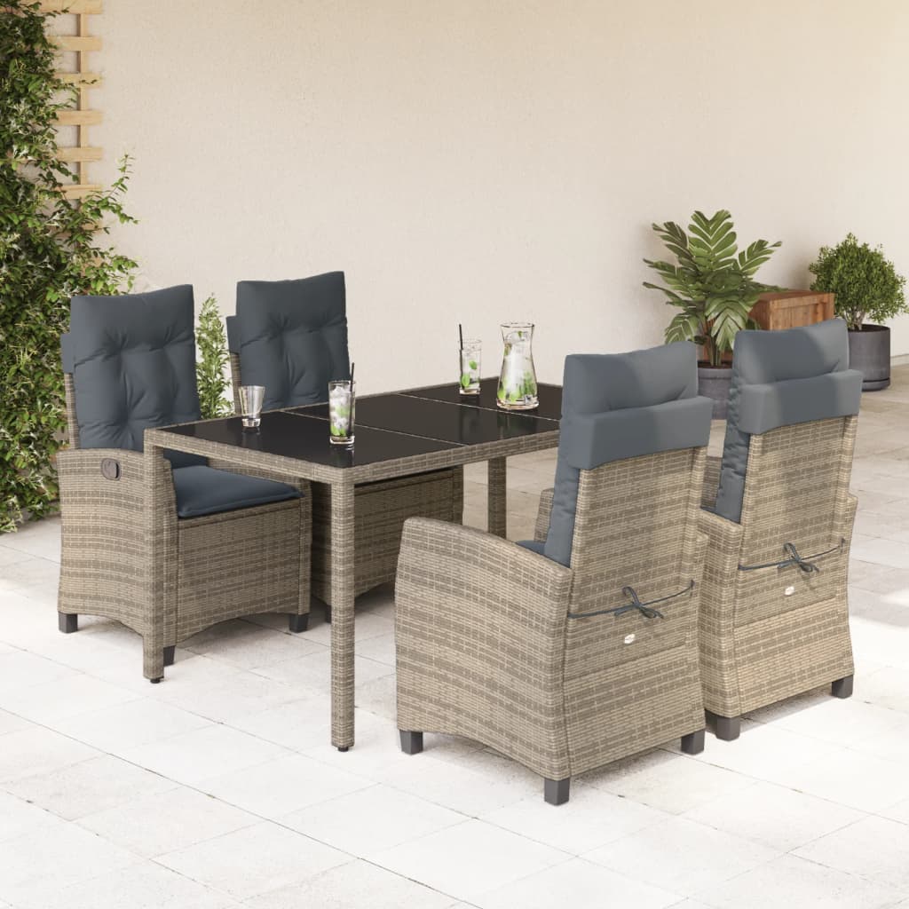 5 Piece Garden Dining Set with Cushions Grey Poly Rattan