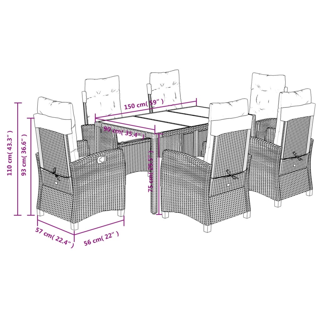 7 Piece Garden Dining Set with Cushions Grey Poly Rattan