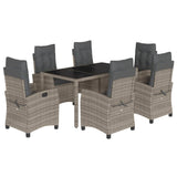 7 Piece Garden Dining Set with Cushions Grey Poly Rattan - Front View