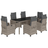 7 Piece Garden Dining Set with Cushions Grey Poly Rattan - Front View