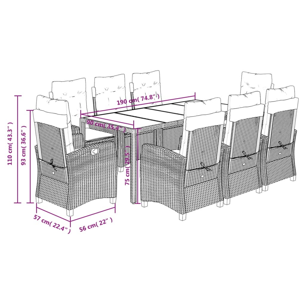 9 Piece Garden Dining Set with Cushions Grey Poly Rattan