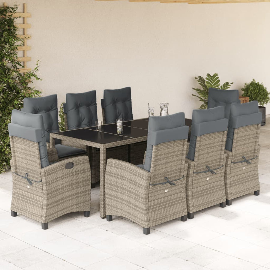 9 Piece Garden Dining Set with Cushions Grey Poly Rattan