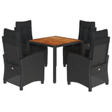 5 Piece Garden Dining Set with Cushions Black Poly Rattan - Front View