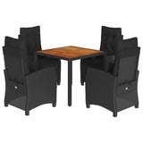 5 Piece Garden Dining Set with Cushions Black Poly Rattan - Front View
