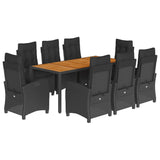 9 Piece Garden Dining Set with Cushions Black Poly Rattan - Front View