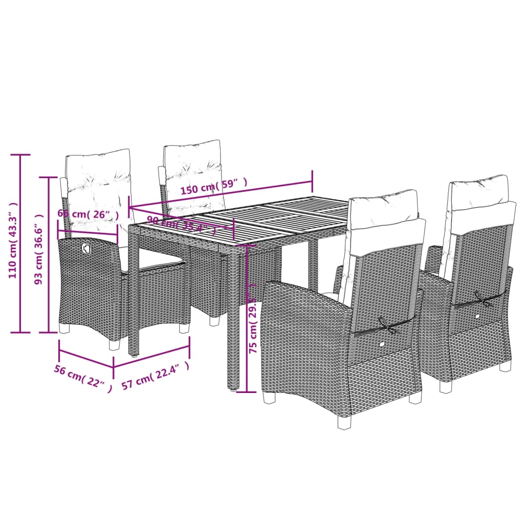 5 Piece Garden Dining Set with Cushions Grey Poly Rattan
