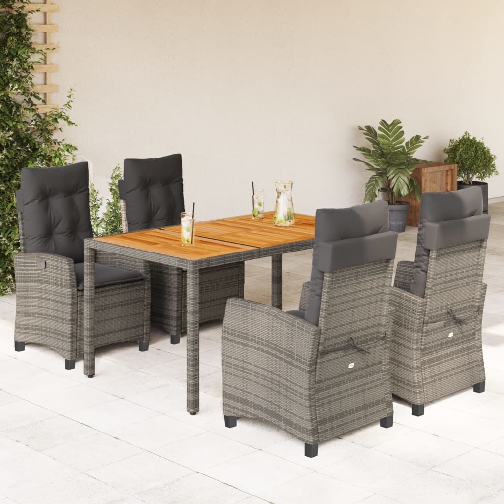 5 Piece Garden Dining Set with Cushions Grey Poly Rattan