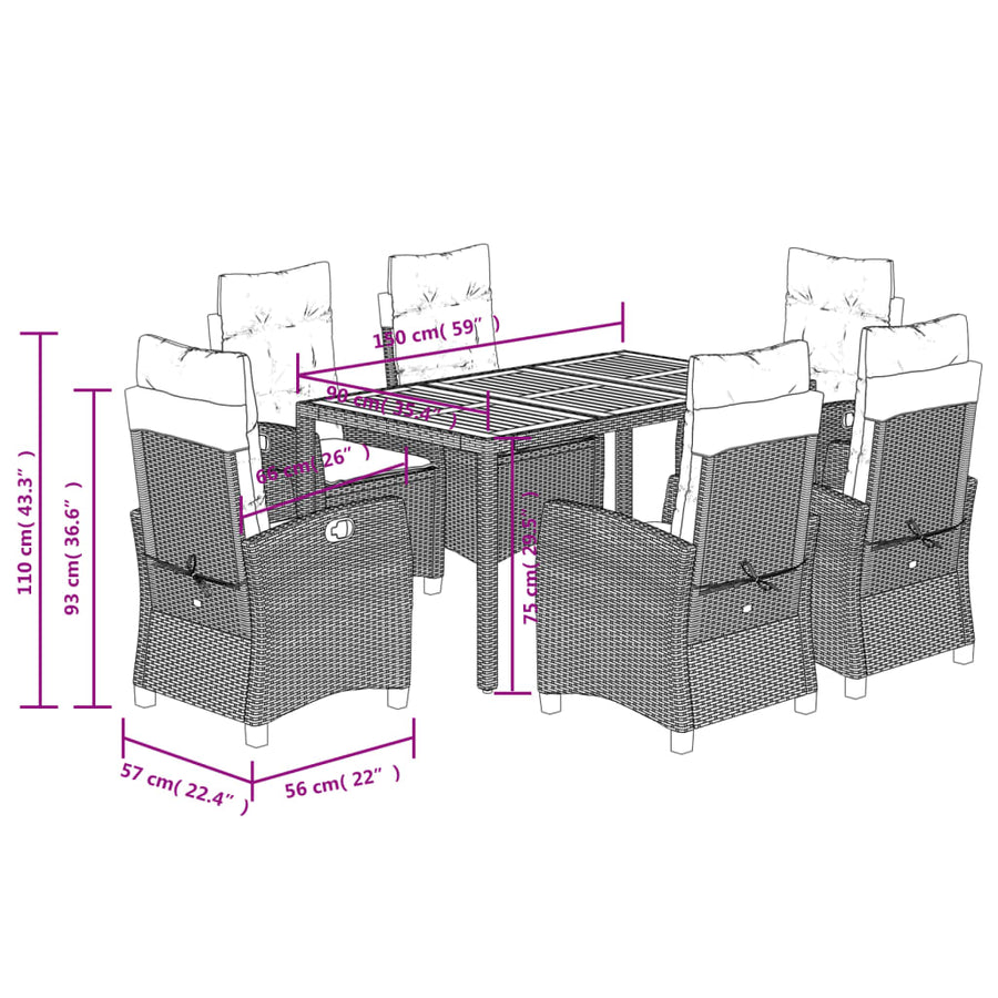 7 Piece Garden Dining Set with Cushions Grey Poly Rattan