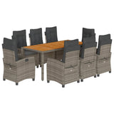 9 Piece Garden Dining Set with Cushions Grey Poly Rattan - Front View