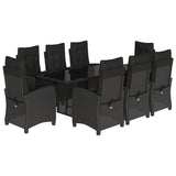 9 Piece Garden Dining Set with Cushions Black Poly Rattan - Front View