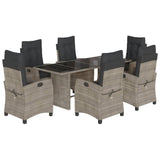7 Piece Garden Dining Set with Cushions Grey Poly Rattan - Front View