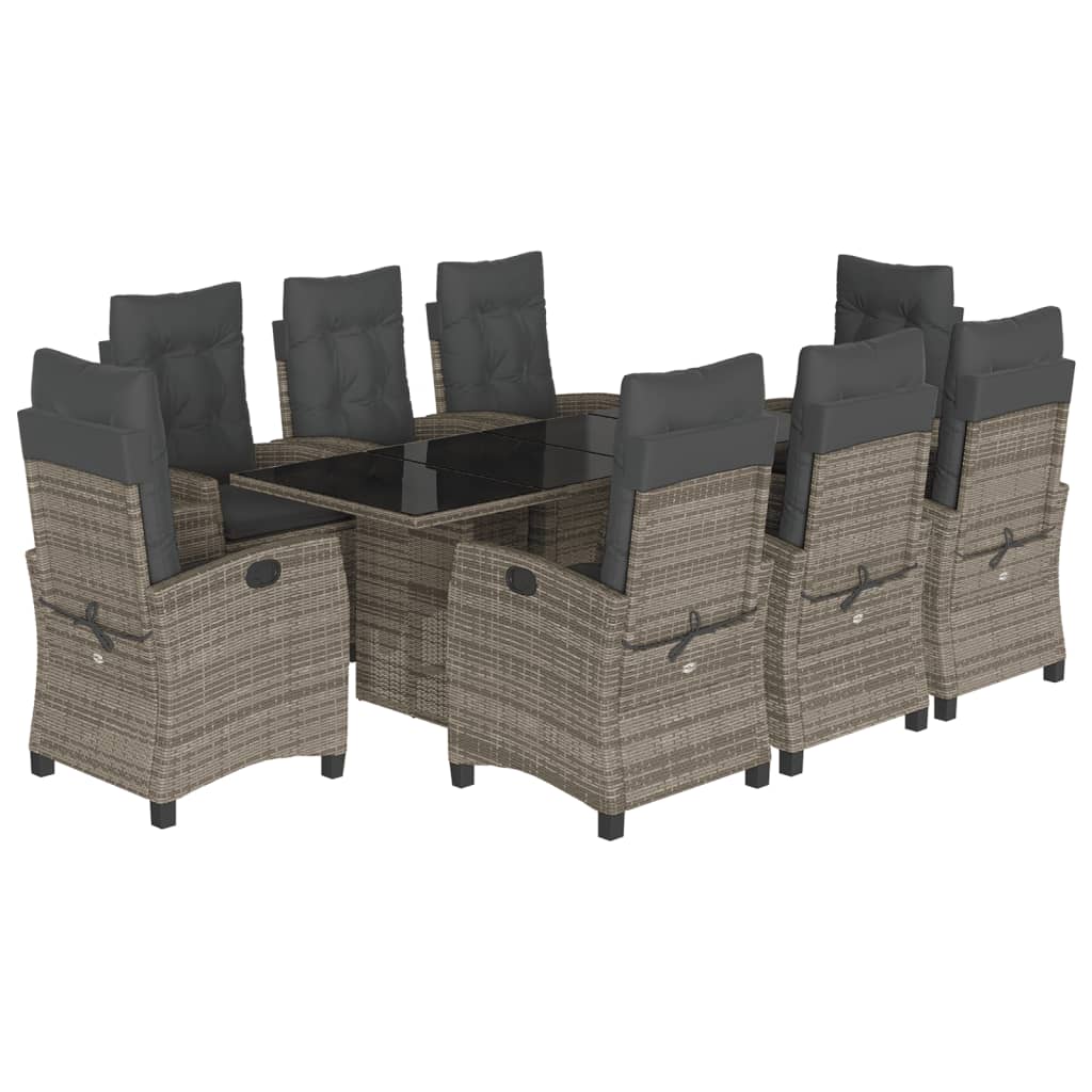 9 Piece Garden Dining Set with Cushions Grey Poly Rattan