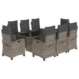 9 Piece Garden Dining Set with Cushions Grey Poly Rattan - Front View