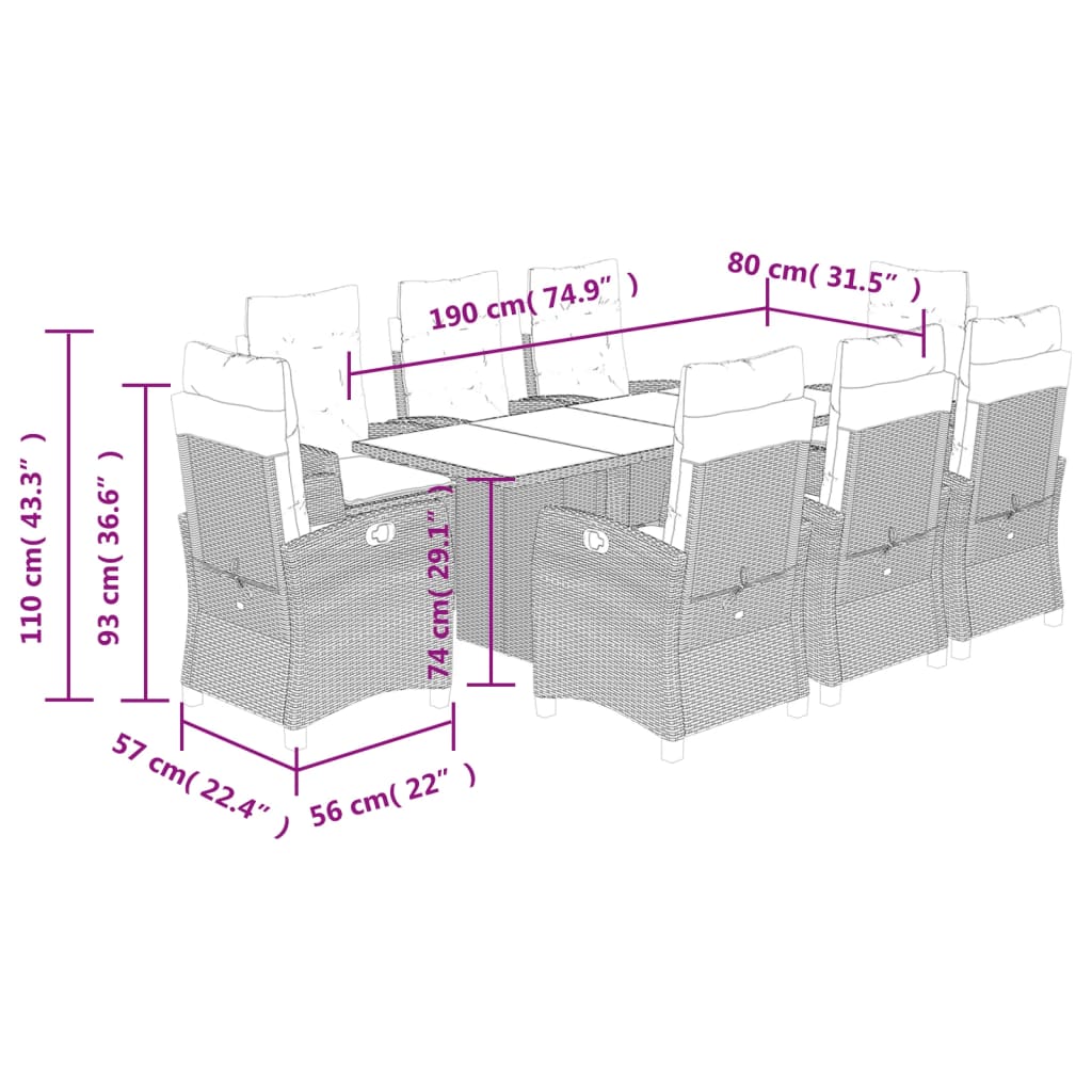 9 Piece Garden Dining Set with Cushions Grey Poly Rattan
