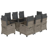 9 Piece Garden Dining Set with Cushions Grey Poly Rattan - Front View