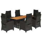7 Piece Garden Dining Set with Cushions Black Poly Rattan - Front View