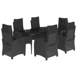7 Piece Garden Dining Set with Cushions Black Poly Rattan - Front View