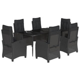 7 Piece Garden Dining Set with Cushions Black Poly Rattan - Front View