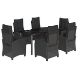 7 Piece Garden Dining Set with Cushions Black Poly Rattan - Front View