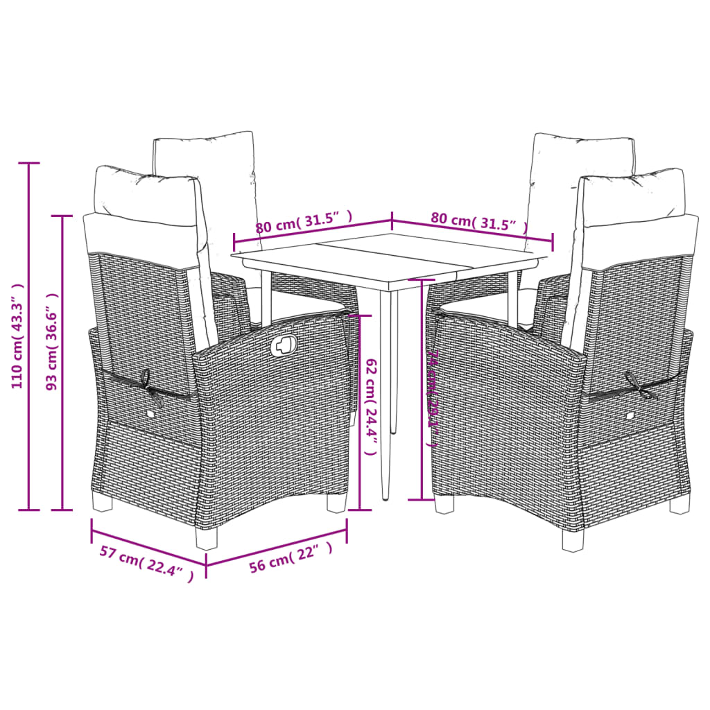 5 Piece Garden Dining Set with Cushions Grey Poly Rattan