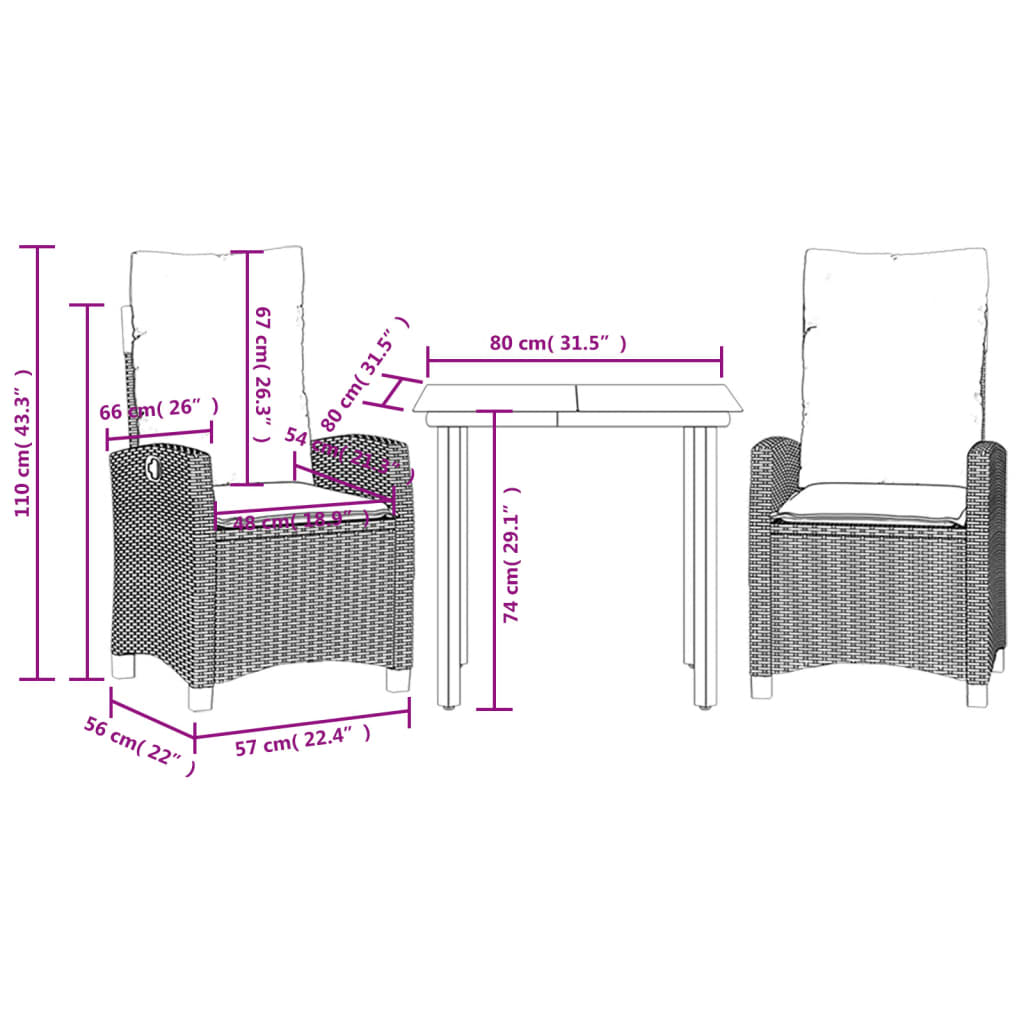 3 Piece Garden Dining Set with Cushions Grey Poly Rattan