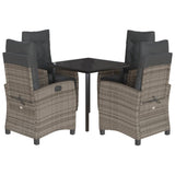 5 Piece Garden Dining Set with Cushions Grey Poly Rattan - Front View