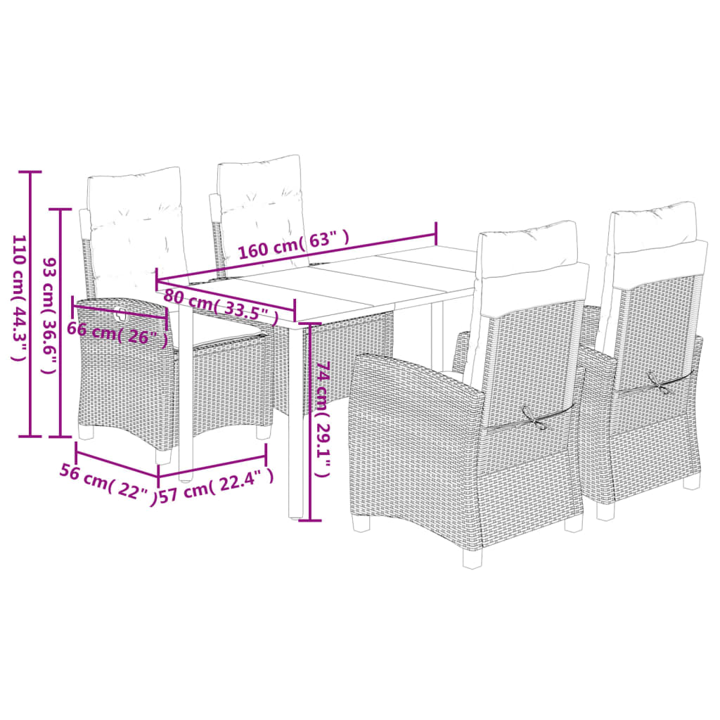 5 Piece Garden Dining Set with Cushions Grey Poly Rattan