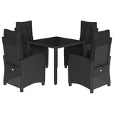 5 Piece Garden Dining Set with Cushions Black Poly Rattan - Front View