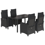 5 Piece Garden Dining Set with Cushions Black Poly Rattan - Front View